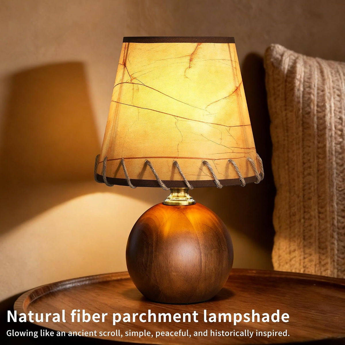 11.4" Boho Wooden Small Table Lamp with Scalloped Wavy Shade