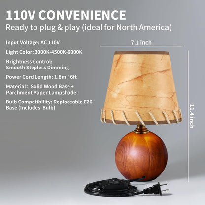 11.4" Boho Wooden Small Table Lamp with Scalloped Wavy Shade