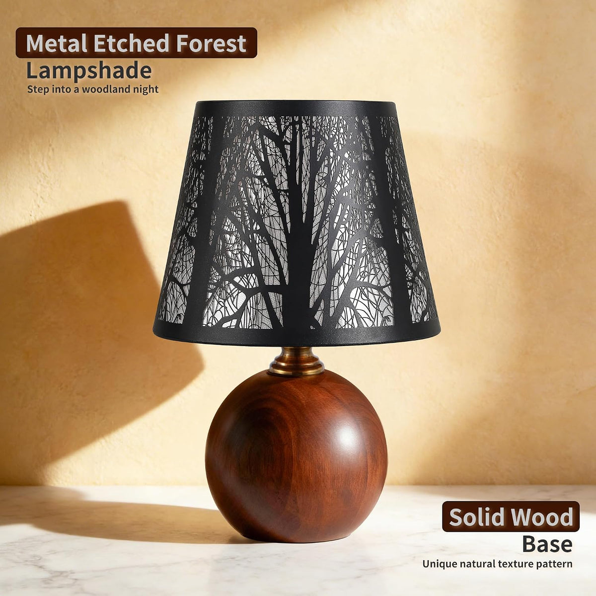 11.4" Boho Wooden Small Table Lamp with Scalloped Wavy Shade