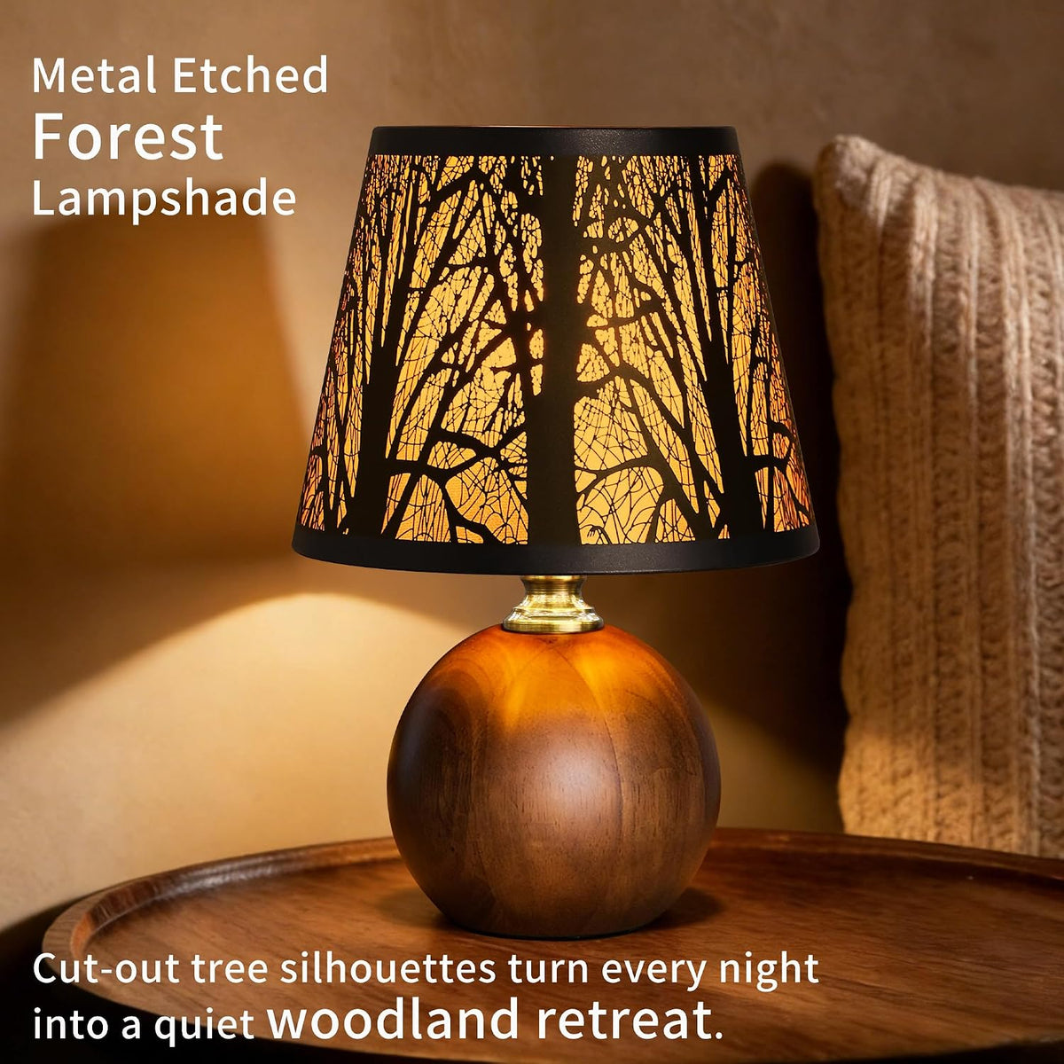 11.4" Boho Wooden Small Table Lamp with Scalloped Wavy Shade