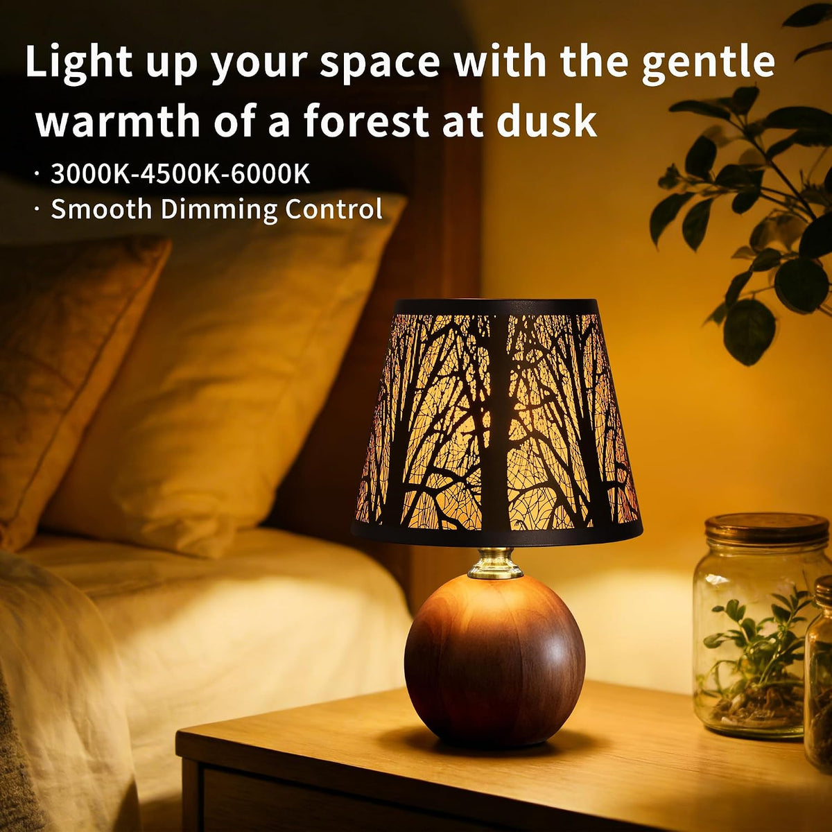 11.4" Boho Wooden Small Table Lamp with Scalloped Wavy Shade