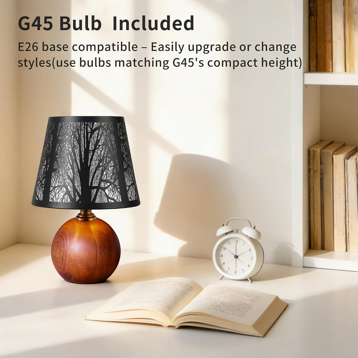 11.4" Boho Wooden Small Table Lamp with Scalloped Wavy Shade