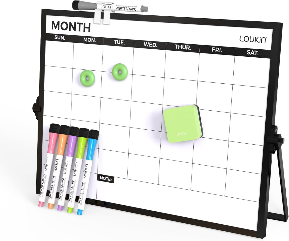 17" x 12" Dry Erase Calendar, Magnetic Desktop Whiteboard with Stand