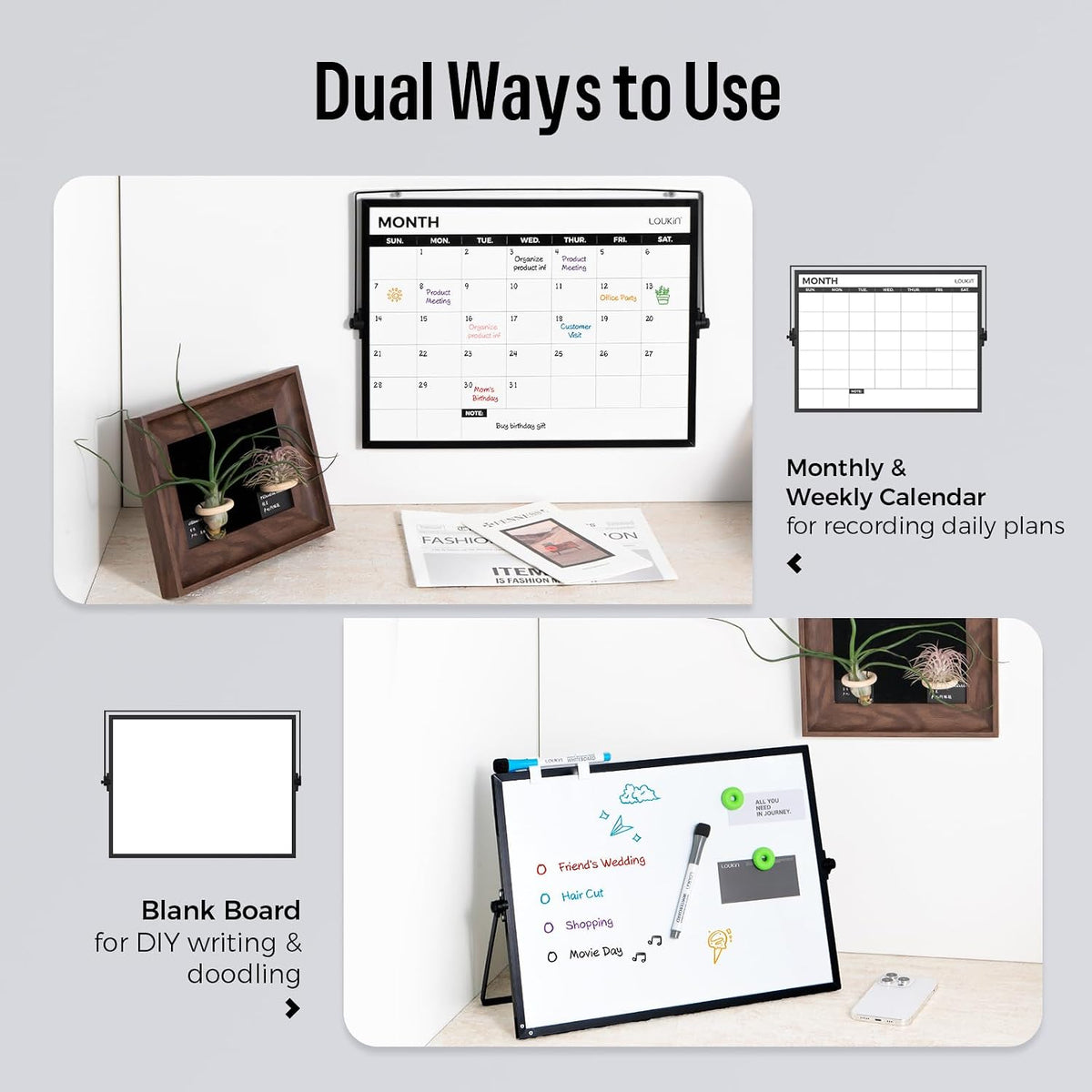 17" x 12" Dry Erase Calendar, Magnetic Desktop Whiteboard with Stand