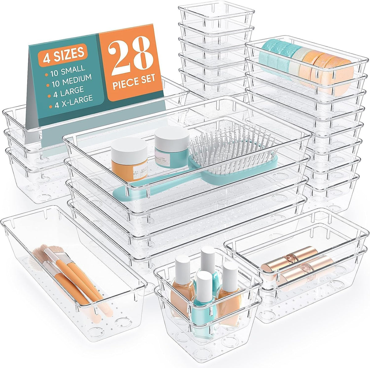 Clear Plastic Drawer Organizers Set, 4 Size Desk Drawer Organizer Trays for Makeup, Jewelry, Kitchen Utensils, Gadgets and Office Accessories