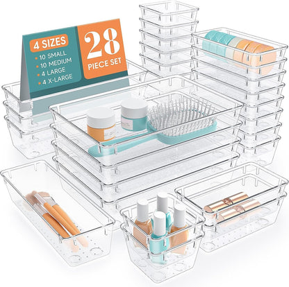 Clear Plastic Drawer Organizers Set, 4 Size Desk Drawer Organizer Trays for Makeup, Jewelry, Kitchen Utensils, Gadgets and Office Accessories