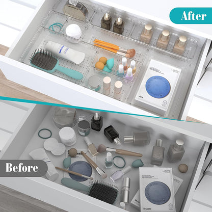Clear Plastic Drawer Organizers Set, 4 Size Desk Drawer Organizer Trays for Makeup, Jewelry, Kitchen Utensils, Gadgets and Office Accessories