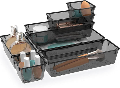 Clear Plastic Drawer Organizers Set, 4 Size Desk Drawer Organizer Trays for Makeup, Jewelry, Kitchen Utensils, Gadgets and Office Accessories