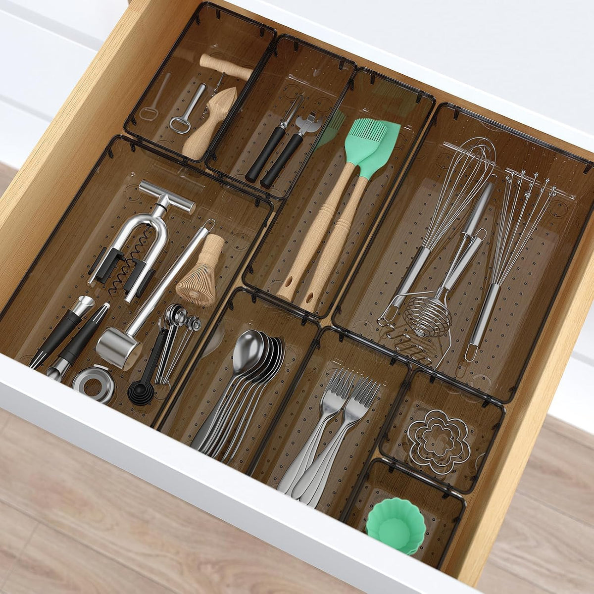 Clear Plastic Drawer Organizers Set, 4 Size Desk Drawer Organizer Trays for Makeup, Jewelry, Kitchen Utensils, Gadgets and Office Accessories