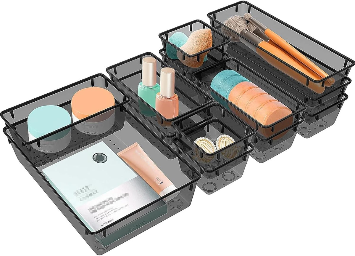 Clear Plastic Drawer Organizers Set, 4 Size Desk Drawer Organizer Trays for Makeup, Jewelry, Kitchen Utensils, Gadgets and Office Accessories