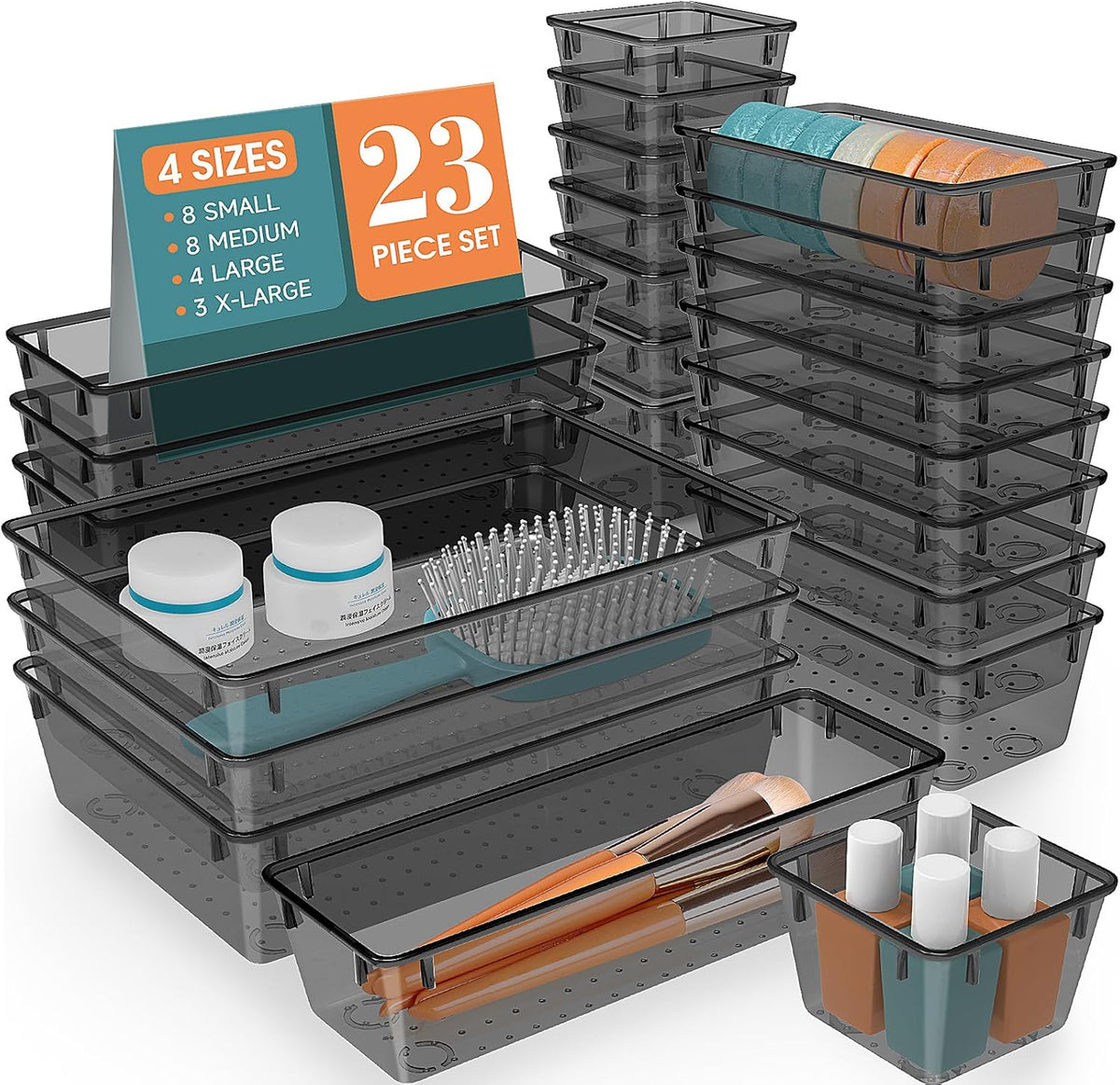 Clear Plastic Drawer Organizers Set, 4 Size Desk Drawer Organizer Trays for Makeup, Jewelry, Kitchen Utensils, Gadgets and Office Accessories