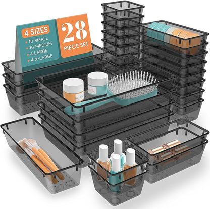 Clear Plastic Drawer Organizers Set, 4 Size Desk Drawer Organizer Trays for Makeup, Jewelry, Kitchen Utensils, Gadgets and Office Accessories