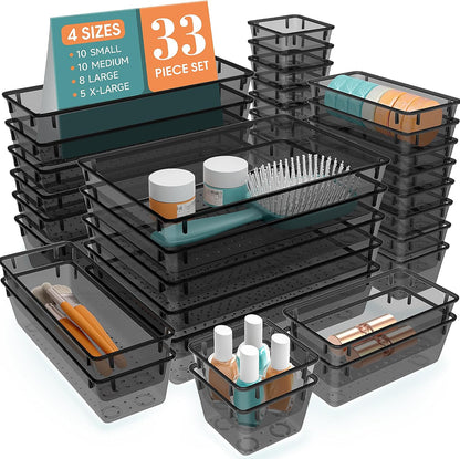 Clear Plastic Drawer Organizers Set, 4 Size Desk Drawer Organizer Trays for Makeup, Jewelry, Kitchen Utensils, Gadgets and Office Accessories