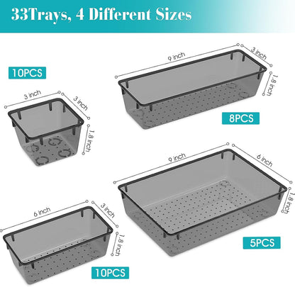 Clear Plastic Drawer Organizers Set, 4 Size Desk Drawer Organizer Trays for Makeup, Jewelry, Kitchen Utensils, Gadgets and Office Accessories