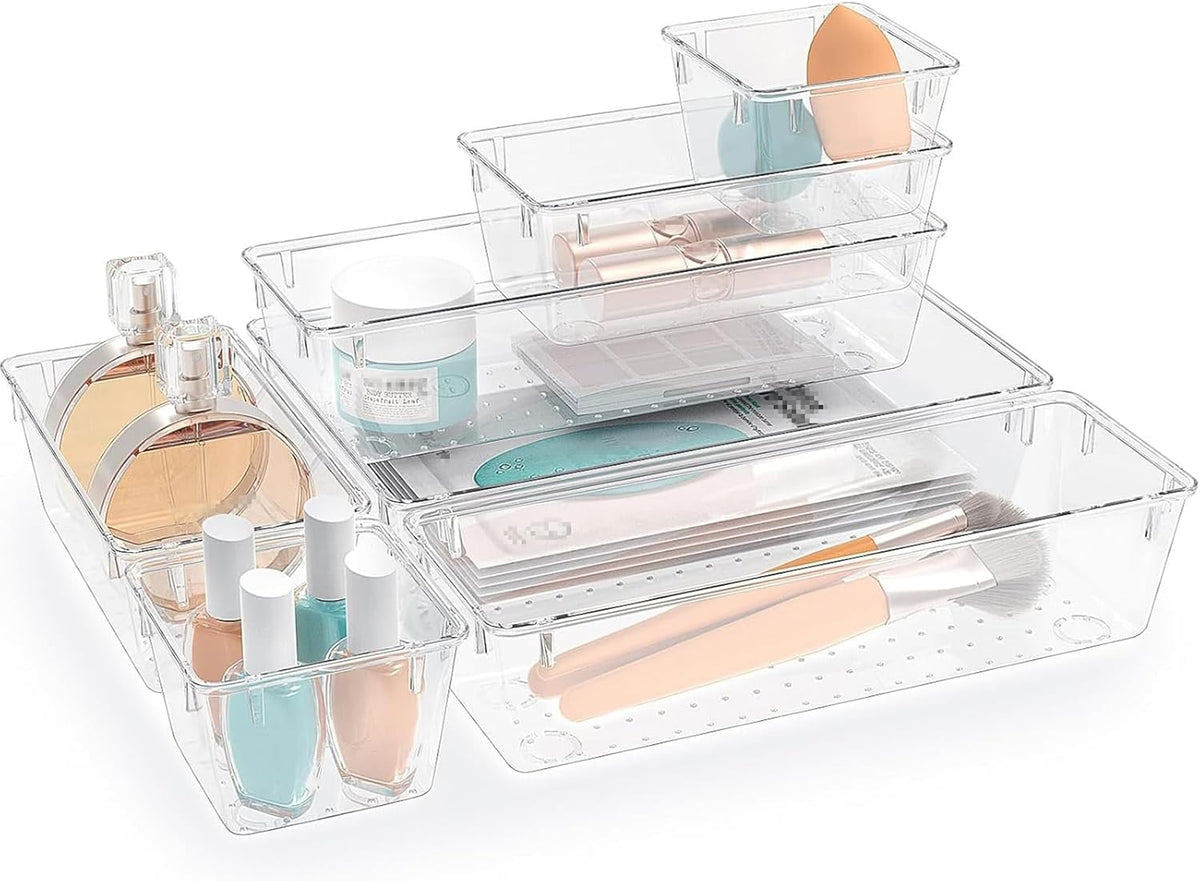 Clear Plastic Drawer Organizers Set, 4 Size Desk Drawer Organizer Trays for Makeup, Jewelry, Kitchen Utensils, Gadgets and Office Accessories