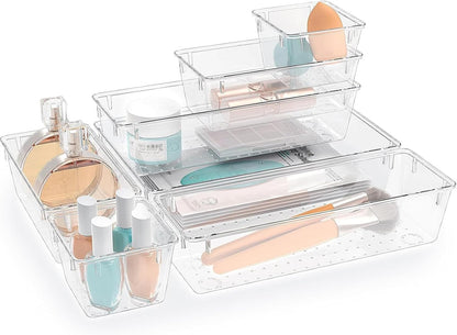 Clear Plastic Drawer Organizers Set, 4 Size Desk Drawer Organizer Trays for Makeup, Jewelry, Kitchen Utensils, Gadgets and Office Accessories