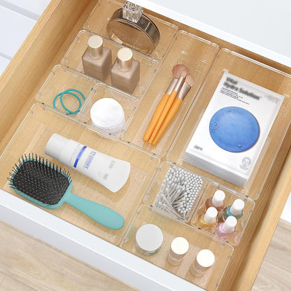 Clear Plastic Drawer Organizers Set, 4 Size Desk Drawer Organizer Trays for Makeup, Jewelry, Kitchen Utensils, Gadgets and Office Accessories