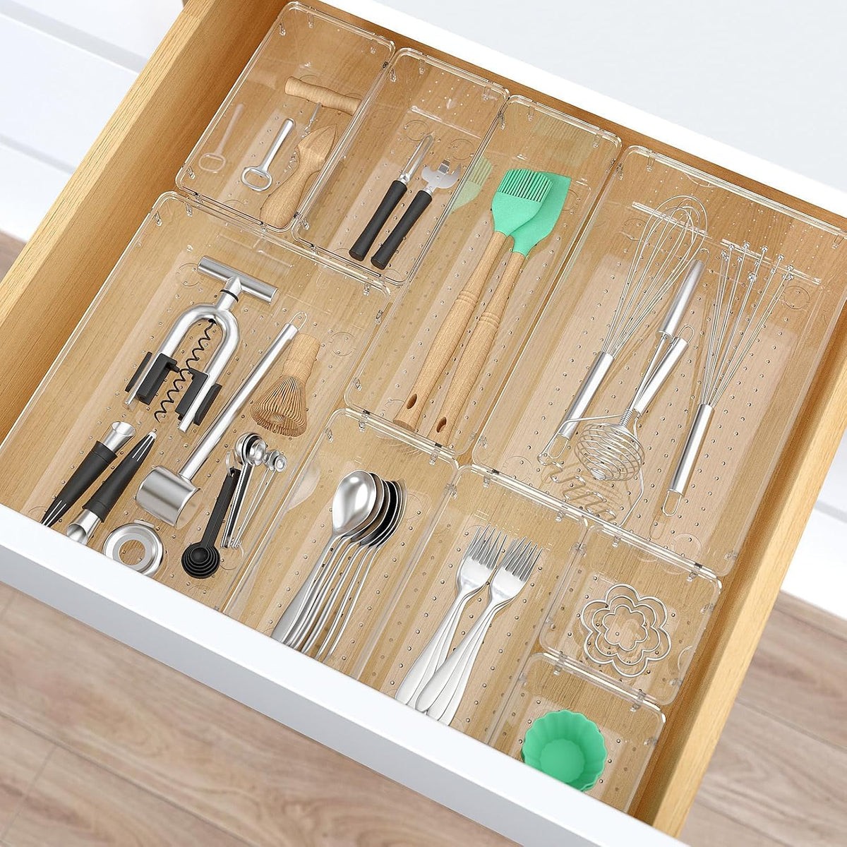Clear Plastic Drawer Organizers Set, 4 Size Desk Drawer Organizer Trays for Makeup, Jewelry, Kitchen Utensils, Gadgets and Office Accessories