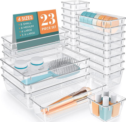 Clear Plastic Drawer Organizers Set, 4 Size Desk Drawer Organizer Trays for Makeup, Jewelry, Kitchen Utensils, Gadgets and Office Accessories