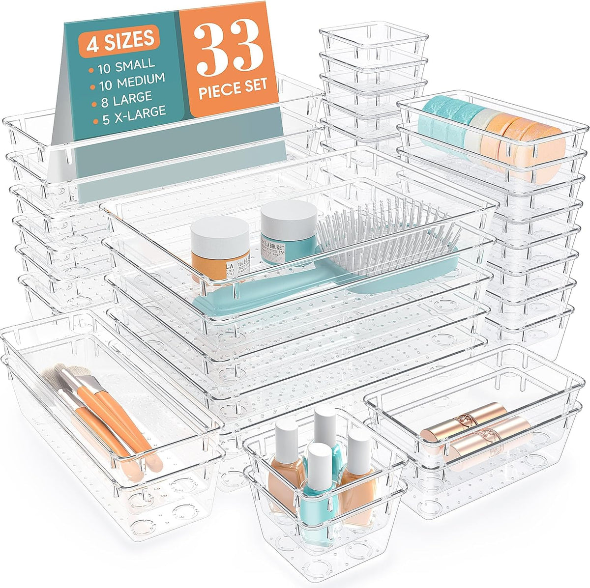 Clear Plastic Drawer Organizers Set, 4 Size Desk Drawer Organizer Trays for Makeup, Jewelry, Kitchen Utensils, Gadgets and Office Accessories