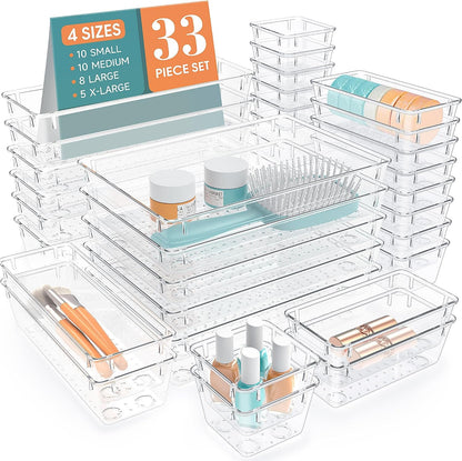 Clear Plastic Drawer Organizers Set, 4 Size Desk Drawer Organizer Trays for Makeup, Jewelry, Kitchen Utensils, Gadgets and Office Accessories