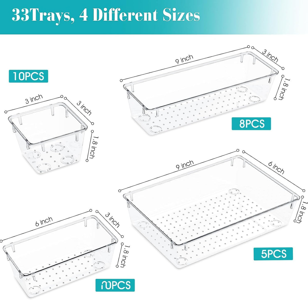 Clear Plastic Drawer Organizers Set, 4 Size Desk Drawer Organizer Trays for Makeup, Jewelry, Kitchen Utensils, Gadgets and Office Accessories