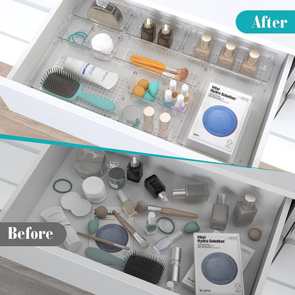 Clear Plastic Drawer Organizers Set, 4 Size Desk Drawer Organizer Trays for Makeup, Jewelry, Kitchen Utensils, Gadgets and Office Accessories