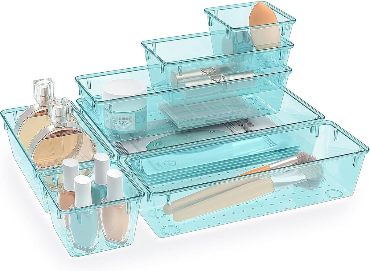 Clear Plastic Drawer Organizers Set, 4 Size Desk Drawer Organizer Trays for Makeup, Jewelry, Kitchen Utensils, Gadgets and Office Accessories