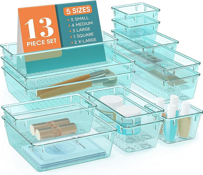Clear Plastic Drawer Organizers Set, 4 Size Desk Drawer Organizer Trays for Makeup, Jewelry, Kitchen Utensils, Gadgets and Office Accessories