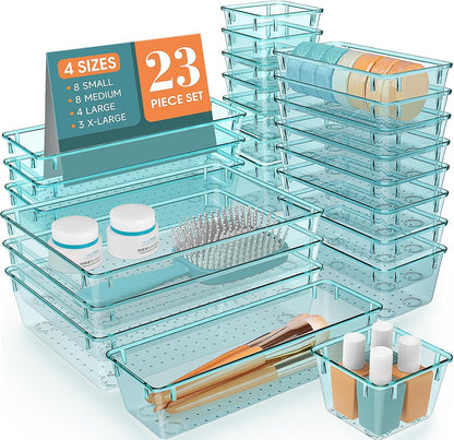 Clear Plastic Drawer Organizers Set, 4 Size Desk Drawer Organizer Trays for Makeup, Jewelry, Kitchen Utensils, Gadgets and Office Accessories