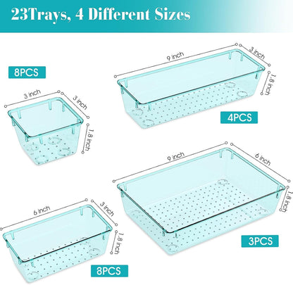 Clear Plastic Drawer Organizers Set, 4 Size Desk Drawer Organizer Trays for Makeup, Jewelry, Kitchen Utensils, Gadgets and Office Accessories