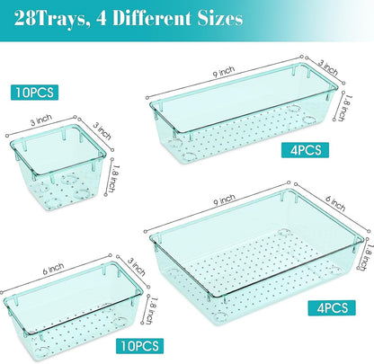 Clear Plastic Drawer Organizers Set, 4 Size Desk Drawer Organizer Trays for Makeup, Jewelry, Kitchen Utensils, Gadgets and Office Accessories