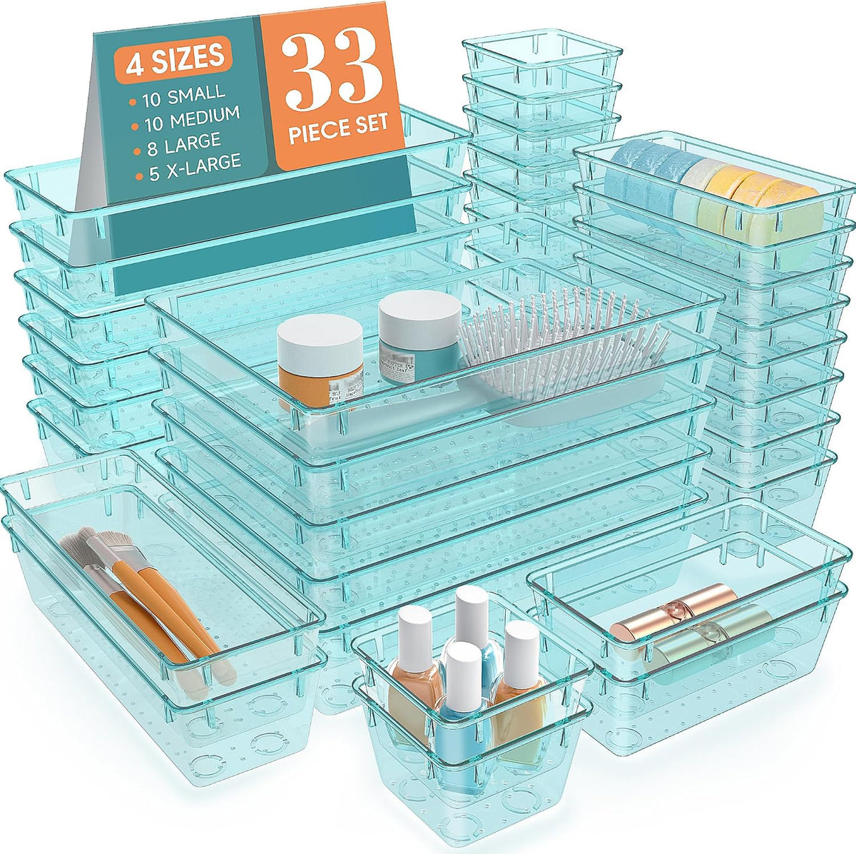 Clear Plastic Drawer Organizers Set, 4 Size Desk Drawer Organizer Trays for Makeup, Jewelry, Kitchen Utensils, Gadgets and Office Accessories