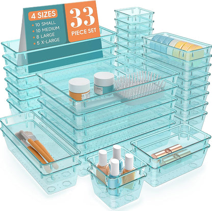 Clear Plastic Drawer Organizers Set, 4 Size Desk Drawer Organizer Trays for Makeup, Jewelry, Kitchen Utensils, Gadgets and Office Accessories