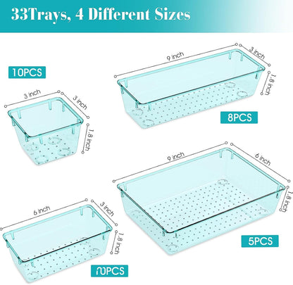 Clear Plastic Drawer Organizers Set, 4 Size Desk Drawer Organizer Trays for Makeup, Jewelry, Kitchen Utensils, Gadgets and Office Accessories