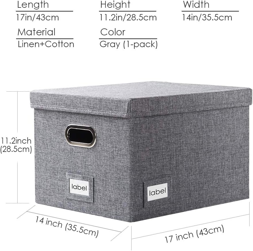 File Organizer Box - Set of 1 Collapsible Decorative Linen Filing Storage Hanging File Folders with Lids Office Cabinet Letter/Legal Size Grey (17x14x11.2 inch)