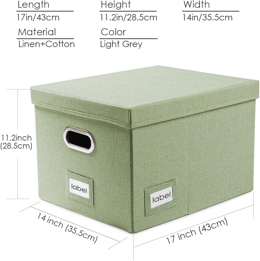 File Organizer Box - Set of 1 Collapsible Decorative Linen Filing Storage Hanging File Folders with Lids Office Cabinet Letter/Legal Size Grey (17x14x11.2 inch)