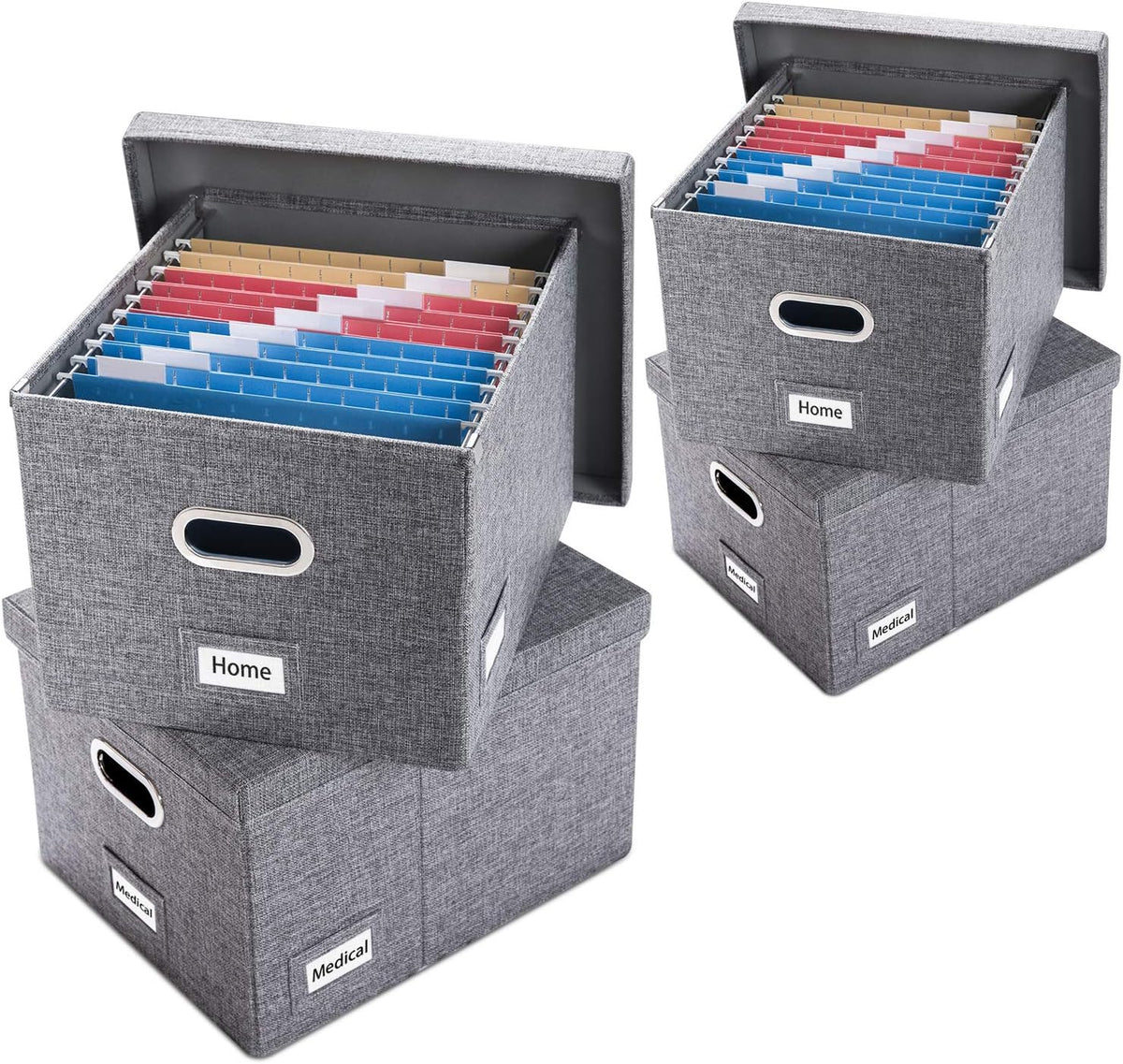 File Organizer Box - Set of 1 Collapsible Decorative Linen Filing Storage Hanging File Folders with Lids Office Cabinet Letter/Legal Size Grey (17x14x11.2 inch)