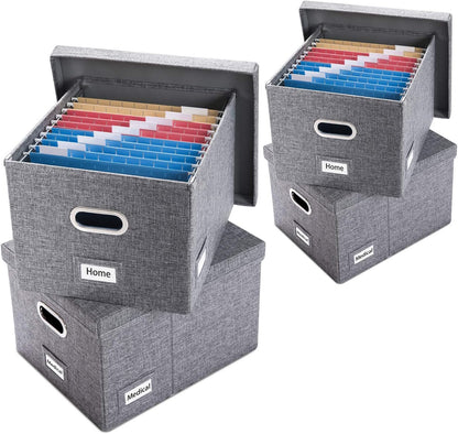 File Organizer Box - Set of 1 Collapsible Decorative Linen Filing Storage Hanging File Folders with Lids Office Cabinet Letter/Legal Size Grey (17x14x11.2 inch)