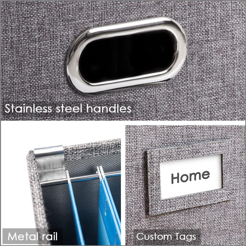 File Organizer Box - Set of 1 Collapsible Decorative Linen Filing Storage Hanging File Folders with Lids Office Cabinet Letter/Legal Size Grey (17x14x11.2 inch)