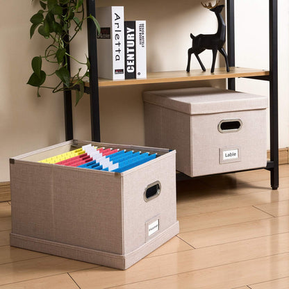 File Organizer Box - Set of 1 Collapsible Decorative Linen Filing Storage Hanging File Folders with Lids Office Cabinet Letter/Legal Size Grey (17x14x11.2 inch)