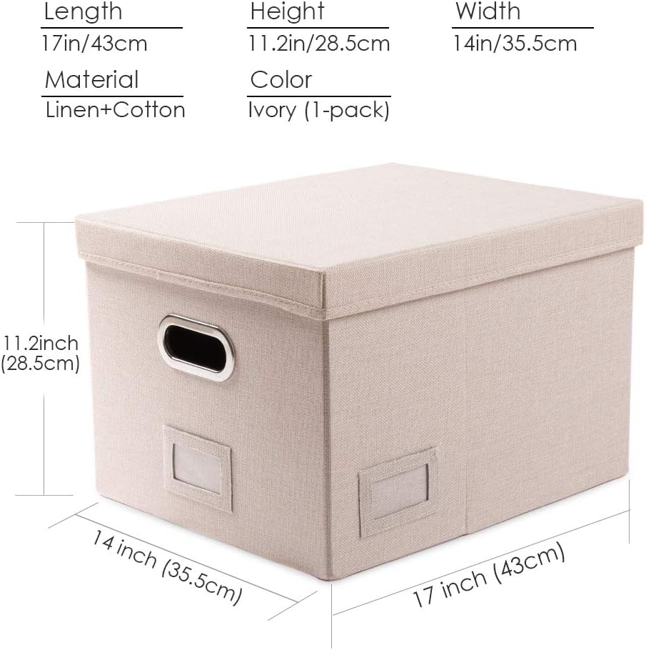 File Organizer Box - Set of 1 Collapsible Decorative Linen Filing Storage Hanging File Folders with Lids Office Cabinet Letter/Legal Size Grey (17x14x11.2 inch)