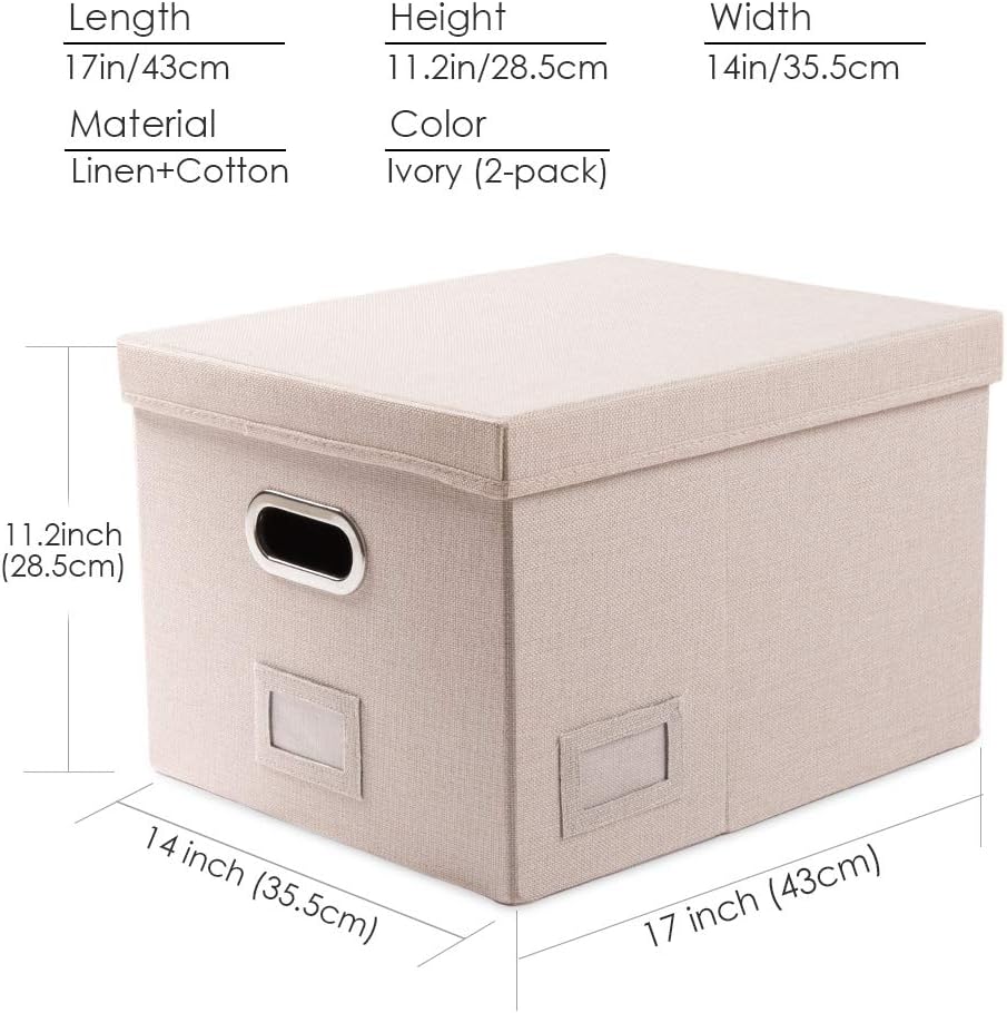 File Organizer Box - Set of 1 Collapsible Decorative Linen Filing Storage Hanging File Folders with Lids Office Cabinet Letter/Legal Size Grey (17x14x11.2 inch)