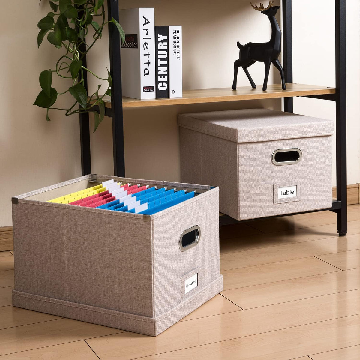 File Organizer Box - Set of 1 Collapsible Decorative Linen Filing Storage Hanging File Folders with Lids Office Cabinet Letter/Legal Size Grey (17x14x11.2 inch)