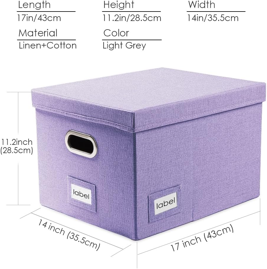 File Organizer Box - Set of 1 Collapsible Decorative Linen Filing Storage Hanging File Folders with Lids Office Cabinet Letter/Legal Size Grey (17x14x11.2 inch)
