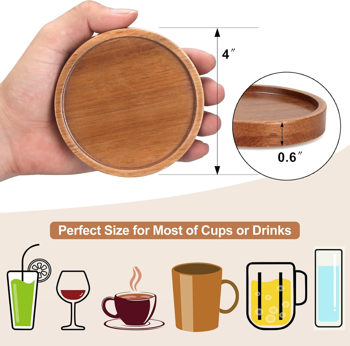 Wooden Coaster Set of 6 Coffee Table Decor Bar Cup Drink Coasters Holder