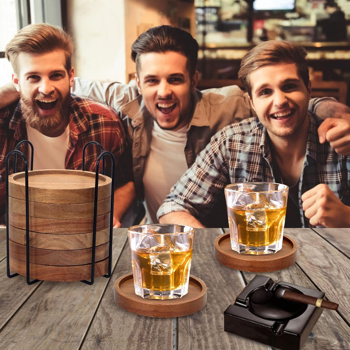 Wooden Coaster Set of 6 Coffee Table Decor Bar Cup Drink Coasters Holder