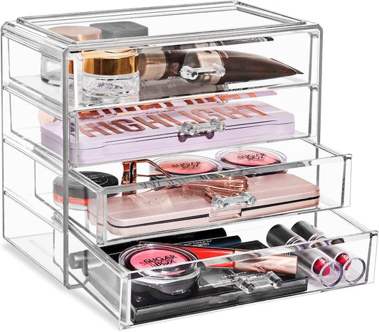 Wide 4-Drawer Makeup Organizer Set for Vanity & Countertop (Clear)