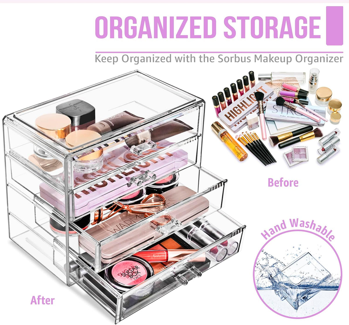 Wide 4-Drawer Makeup Organizer Set for Vanity & Countertop (Clear)