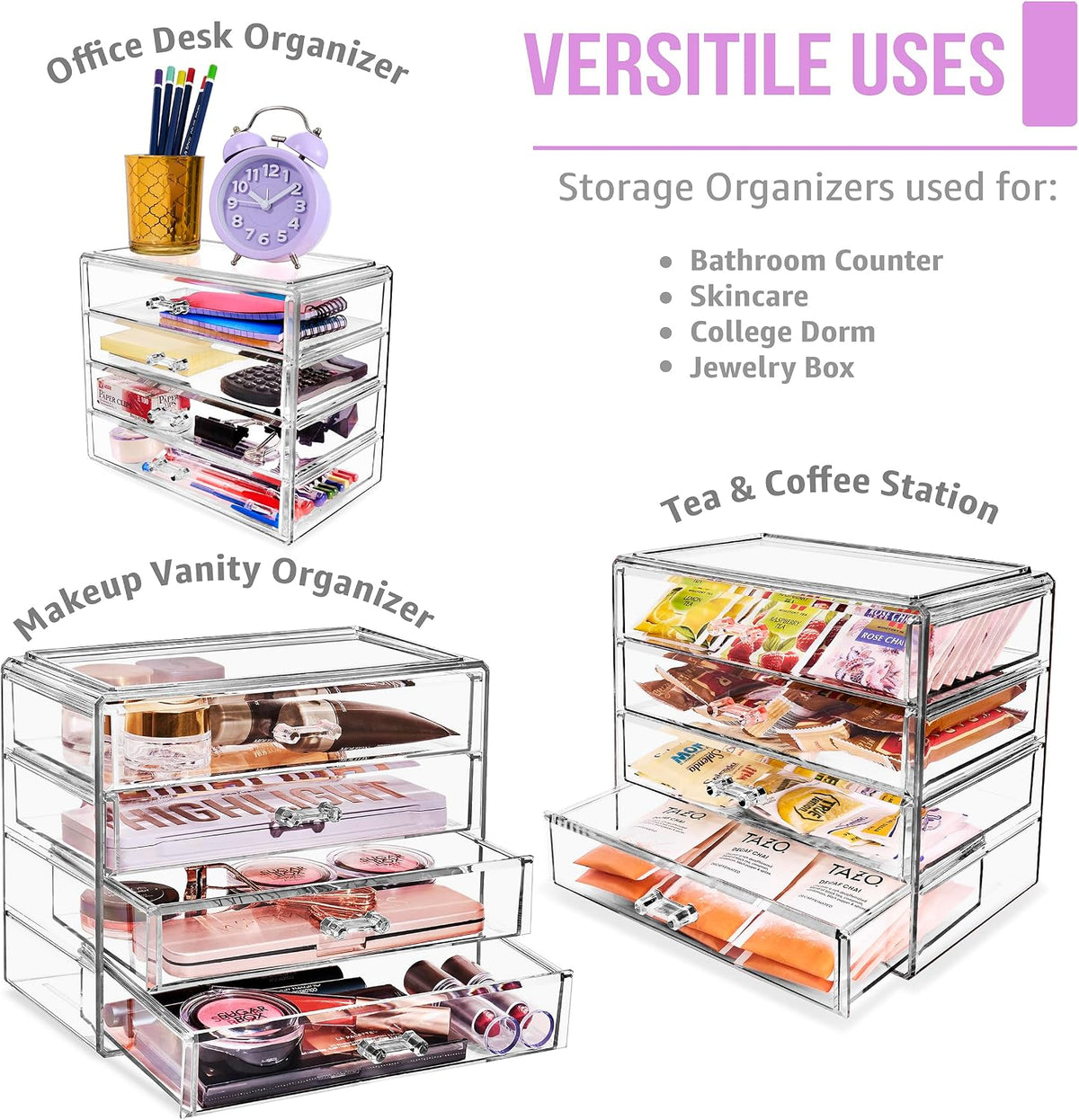 Wide 4-Drawer Makeup Organizer Set for Vanity & Countertop (Clear)
